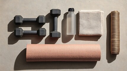 Flat Lay of Fitness Gear with Dumbbells, Yoga Mat and Water Bottle