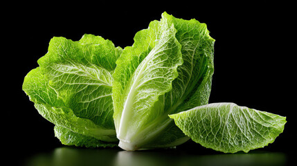 Obraz premium Fresh green romaine lettuce leaves with crisp texture isolated on black background for healthy food