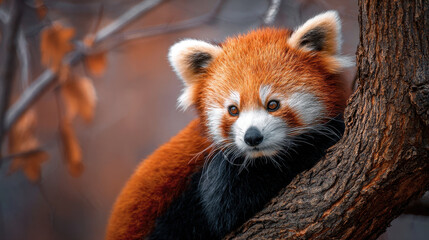 Red panda resting on tree branch with soft fur and curious eyes in natural forest habitat