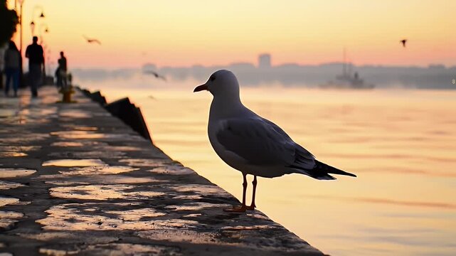 Lone Seagull Stands on a Weathered Concrete Pier at Sunset with Silhouetted People Buildings and Birds in the Background under a Vibrant Orange and Pink Sky at Dusk near the Waterway