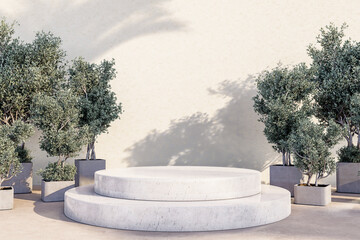 Minimal Outdoor Podium with Olive Trees in Planters. 3d rendering