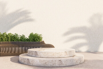 Stone Podium with Wooden Planter and Green Shrubs. 3d rendering