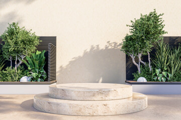 Outdoor Podium with Decorative Trees and Modern Garden Design. 3d rendering