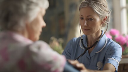 Home Care Nurse Assisting Elderly Woman with Mobility Support