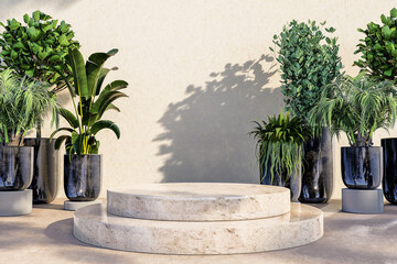 Natural Stone Podium Surrounded by Potted Tropical Plants. 3d rendering