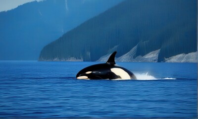 Obraz premium Orca Whale Emerging from Deep Blue Ocean Waters near Lush Green Forest Hillside