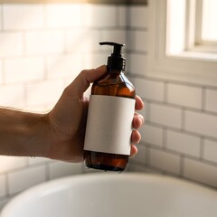 hand holding cosmetic bottle with dispenser in bathroom