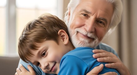 grandfather and grandson hugging