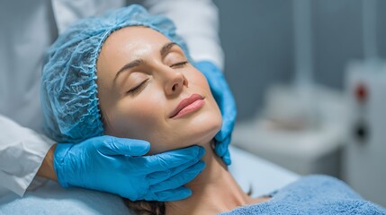 Cosmetic Surgery Preparation – Female Patient in Beauty Clinic with Doctor Hands