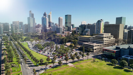 Panoramic aerial view of Perth downtown and Swan River on a sunny clear day