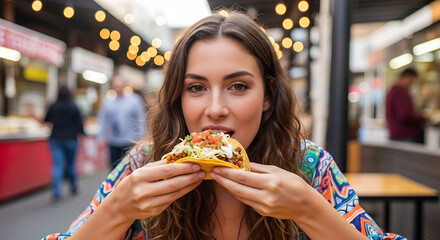 Woman eating delicious taco at bistro cafe. Happy female enjoying street food. Outdoor market atmosphere. Leisure and culinary experience concept.
