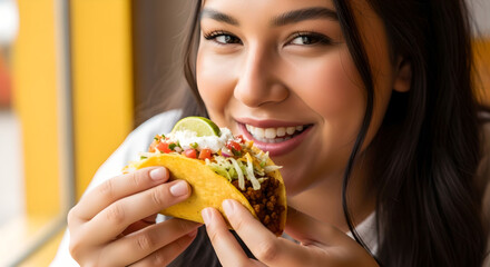 mexiacan woman eating taco macro  view photo