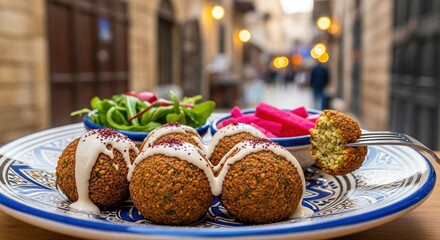 Delicious falafel balls drizzled with tahini sauce on an ornate plate offer a taste of authentic street food