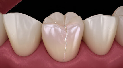 Cracked tooth with visible fracture line on molar surrounded by healthy teeth and pink gum tissue