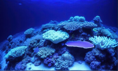 Vibrant Coral Reef Ecosystem with Blue Lighting and Diverse Marine Life