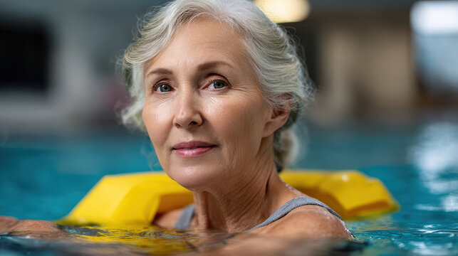 Senior woman swimming pool water exercise healthy lifestyle active elderly person fitness relaxation wellness aquatic therapy