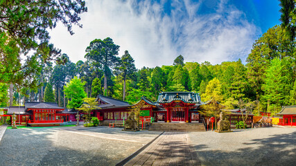 Panoramic view of Hakone shrine at Lake Ashinoko at Moto Hakone