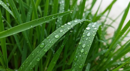 Fresh green grass blades glistening with raindrops in a natural setting