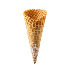 Empty, light golden-brown waffle ice cream cone, perfect form, crisp, flaky, uniform grid, glistening sugar crystals at base, on clean transparent with bright, high-key studio lighting. Concept for