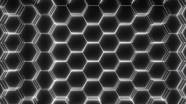 Abstract glowing white hexagonal grid pattern on a dark background black bright