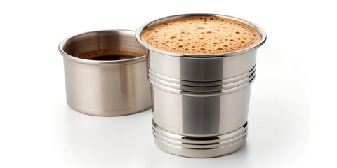 South Indian filter coffee served in traditional steel tumbler and dabarah, with frothy top,
