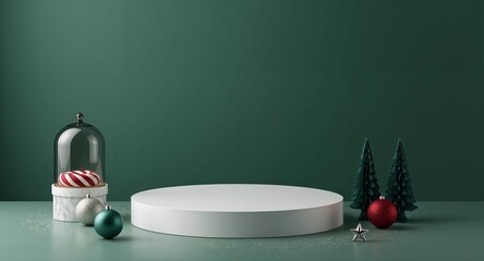 Minimal Christmas podium with ornaments, studio lighting Generative AI.