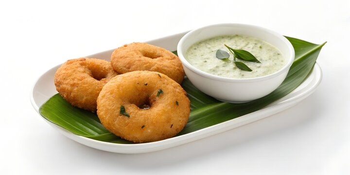 Crispy medu vada with coconut chutney on side, isolated