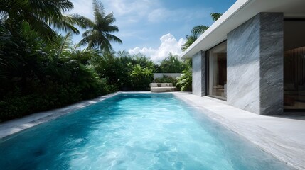 Fototapeta premium Modern luxury villa with a pristine swimming pool surrounded by lush tropical foliage and palm trees under a clear blue sky