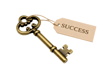 Antique golden key with success tag isolated on transparent background