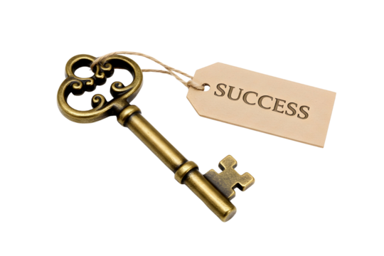 Antique golden key with success tag isolated on transparent background