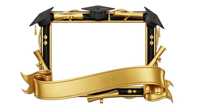 Elegant Graduation Frame with Golden Ribbon and Mortarboards, Isolated on White
