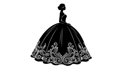 Vector art of an elegant silhouette of a woman in a ball gown, , showcasing intricate details and graceful lines, perfect for fashion or design projects