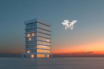 Isolated modern office building with a drone icon, representing technology, aerial delivery, and innovation.