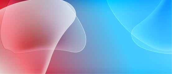 Abstract background features flowing shapes, red and blue hues, soft gradients, translucent layers. Minimalist design creates calming visual effect.