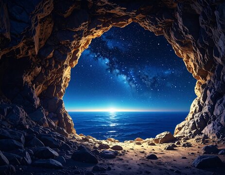 Cave opening reveals a serene nightscape of ocean and starry sky