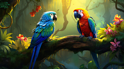 A pair of colorful parrots sit on a branch amidst a blurry green tropical forest on a sunny day.