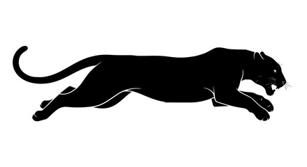 Vector art of a sleek black panther leaps forward, its muscular body a study in motion, , capturing the essence of power and agility in a single, dynamic silhouette