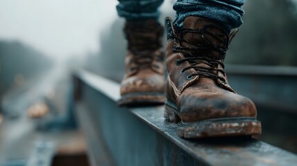 Close up of worn work boots carefully treading on a high steel beam emphasizing balance and determination in an industrial setting