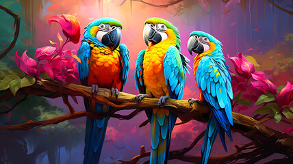 A pair of colorful parrots sit on a branch amidst a blurry green tropical forest on a sunny day.