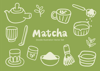 vector set of doodle illustration matcha line art, hand drawn, freestyle, minimal