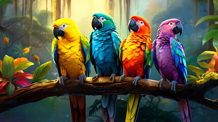 Colorful parrots on a branch in a green tropical forest on a sunny day.