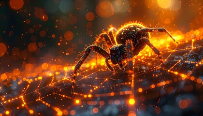 A futuristic spider robot standing on a network of glowing orange circuits with a dark background and bokeh lights.