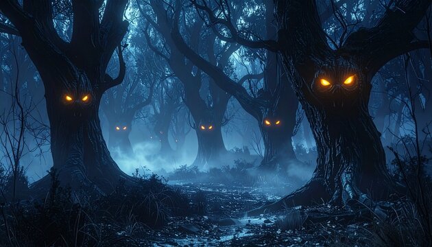 Mysterious dark forest with glowing eyes in trees at night