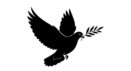 Obraz premium Vector art of a serene dove in flight, carrying an olive branch, is depicted in a minimalist black and white illustration, the artwork symbolizes peace and hope