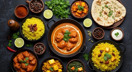 Traditional Indian Cuisine Flat Lay with Butter Chicken, Paneer Curry, Basmati Rice, Naan Bread, Fresh Salad, and Spices on Dark Background