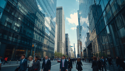 Obraz premium Modern Urban Skyline with Busy Pedestrian Traffic