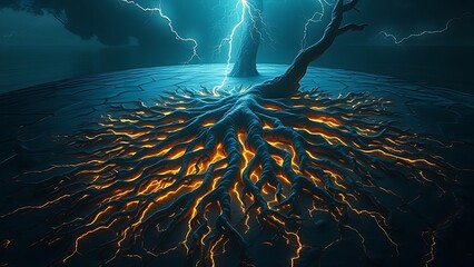 Ancient tree roots glowing beneath a cracked island surface, resembling buried lightning.