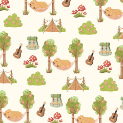 Capybara Camping Seamless Patterns