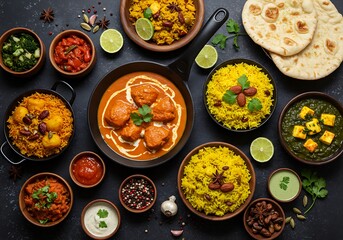 Traditional Indian Cuisine Flat Lay with Butter Chicken, Paneer Curry, Basmati Rice, Naan Bread, Fresh Salad, and Spices on Dark Background
