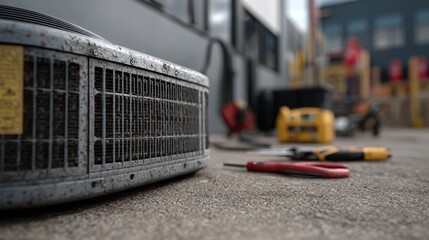 Rusty metal equipment with a grated surface in the foreground; blurred tools, including screwdrivers, lie on concrete. In the background, industrial and construction elements are visible